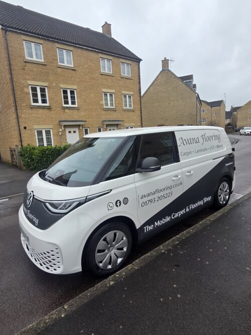 Avana Flooring mobile showroom van parked outside a home in Marlborough