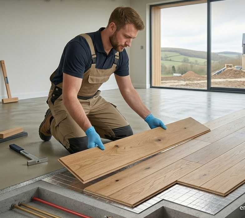 Flooring installer fitting laminate flooring